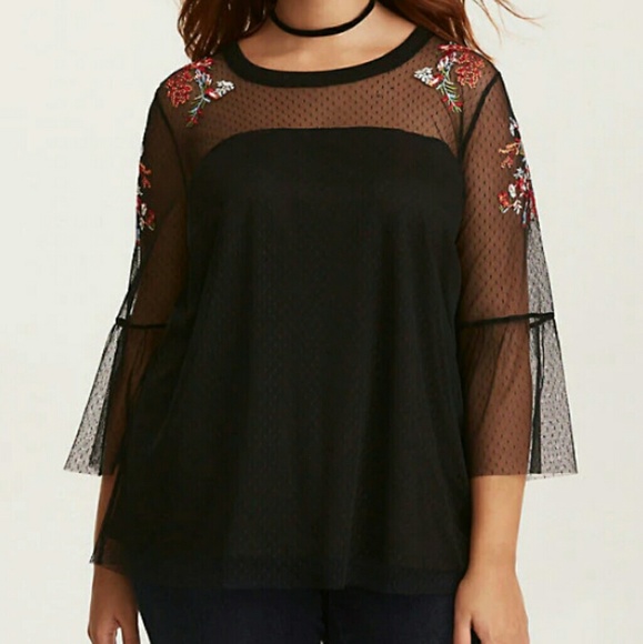 torrid Tops - TORRID FLORAL EMBROIDERED MESH TOP